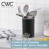 COOK WITH COLOR Kitchen Utensil Set – 10-piece premium Nonstick & Heat Resistant Kitchen Gadgets, Turner, Spaghetti Server, Serving Spoons, Whisk, Tongs, Masher & Utensil Holder, Stainless Steel(Black)
