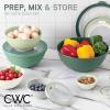 COOK WITH COLOR Mixing Bowls with TPR Lids – 12 Piece Plastic Nesting Bowls Set includes 6 Prep Bowls and 6 Lids, Microwave Safe Mixing Bowl Set (Blue and White)(Sage TPR Lids)