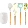 COOK WITH COLOR 5 Piece Cooking Utensil Set with Holder, Silicone Kitchen Tools and Gadgets with Wooden Handles, Whisk, Spoon, Spatula, Slotted Turner & Holder (Lemon Collection)