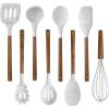 COOK WITH COLOR 8 Pc Non Stick Silicone Utensil Set with Rounded Wood Handles for Cooking and Baking – Marble White
