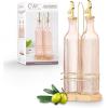 COOK WITH COLOR Glass Olive Oil Bottle Dispenser – 2 Pack- 17oz Oil and Vinegar Cruet – Olive Oil Carafe Decanter for Kitchen(Pink with Bamboo Holder)