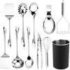 COOK WITH COLOR Kitchen Utensil Set – 10-piece premium Nonstick & Heat Resistant Kitchen Gadgets, Turner, Spaghetti Server, Serving Spoons, Whisk, Tongs, Masher & Utensil Holder, Stainless Steel(Black)