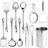 COOK WITH COLOR Kitchen Utensil Set – 10-piece premium Nonstick & Heat Resistant Kitchen Gadgets, Turner, Spaghetti Server, Serving Spoons, Whisk, Tongs, Masher & Utensil Holder, Stainless Steel(Stainless Steel)