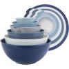 COOK WITH COLOR Mixing Bowls with TPR Lids – 12 Piece Plastic Nesting Bowls Set includes 6 Prep Bowls and 6 Lids, Microwave Safe Mixing Bowl Set (Blue and White)(Blue and White TPR Lids)