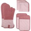 COOK WITH COLOR Silicone Oven Mitts- Heat Resistant Gloves with Soft Quilted Lining Oven Mitt Pot Holders for Cooking and BBQ, Gray, Mitt Set(Pink)