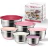 COOK WITH COLOR Stainless Steel Mixing Bowls Set with Lids – Nesting Bowls with Non-Slip Bottom, Black, 12 Pieces(Rose)