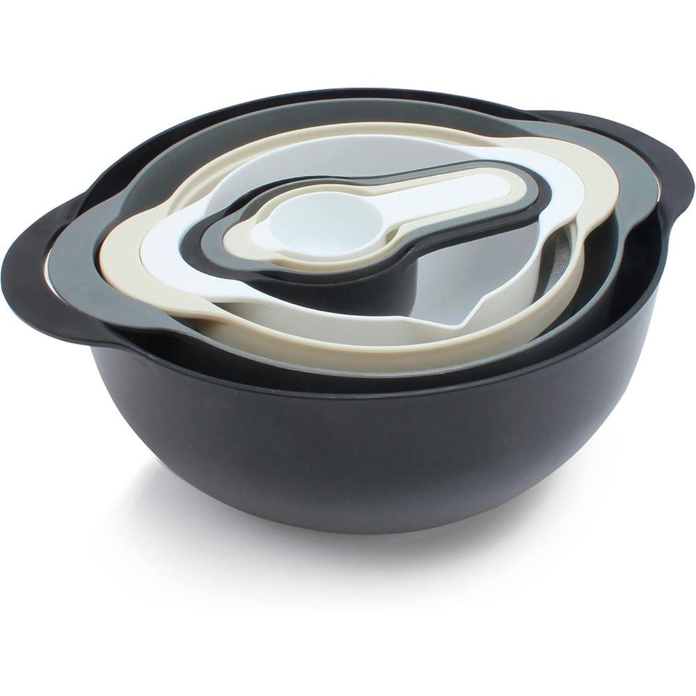 imageCOOK WITH COLOR 8Pc Nesting Bowl Set Teal  Includes 2 Mixing Bowls Colander Sifter 4 Measuring Cups Polypropylene Dishwasher Safe BPA FreeBlack