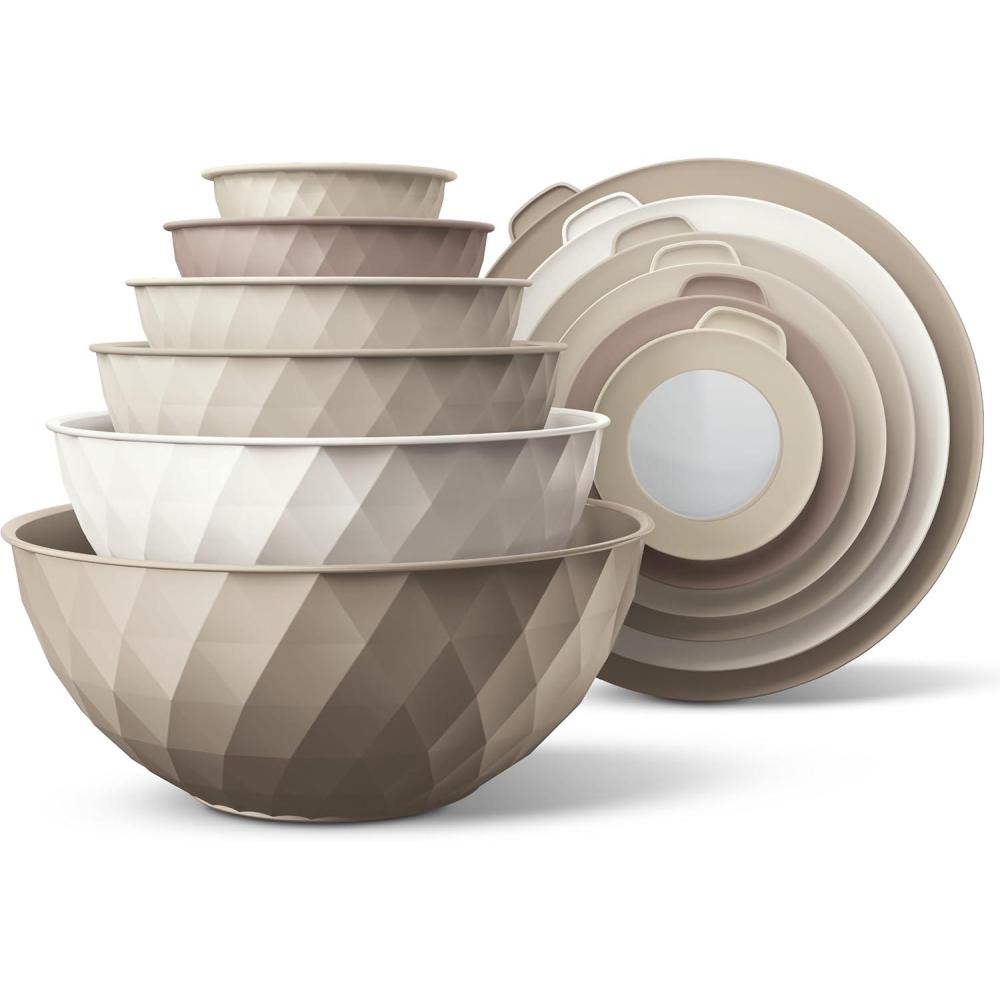 imageCOOK WITH COLOR Nesting Mixing Bowls  12 Piece Plastic Bowl Set with Lids Microwave Safe GreenBrown Diamond