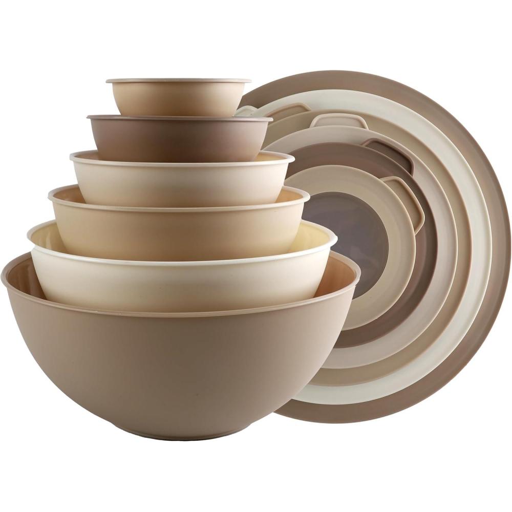 imageCOOK WITH COLOR Nesting Mixing Bowls  12 Piece Plastic Bowl Set with Lids Microwave Safe GreenBrown TPR Lids