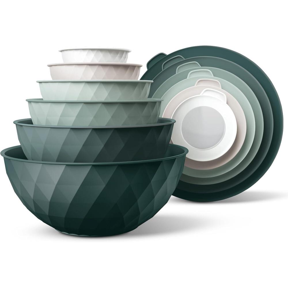 imageCOOK WITH COLOR Nesting Mixing Bowls  12 Piece Plastic Bowl Set with Lids Microwave Safe GreenGreen Diamond