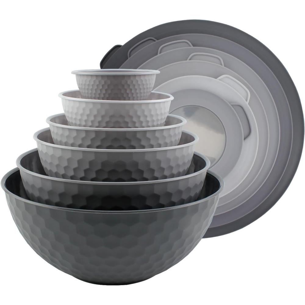 imageCOOK WITH COLOR Nesting Mixing Bowls  12 Piece Plastic Bowl Set with Lids Microwave Safe GreenGrey Embossed