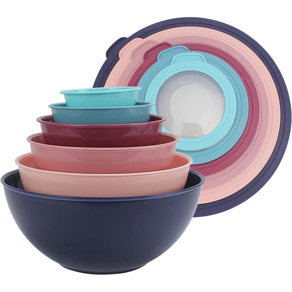 imageCOOK WITH COLOR Nesting Mixing Bowls  12 Piece Plastic Bowl Set with Lids Microwave Safe GreenMultiNavy TPR Lids