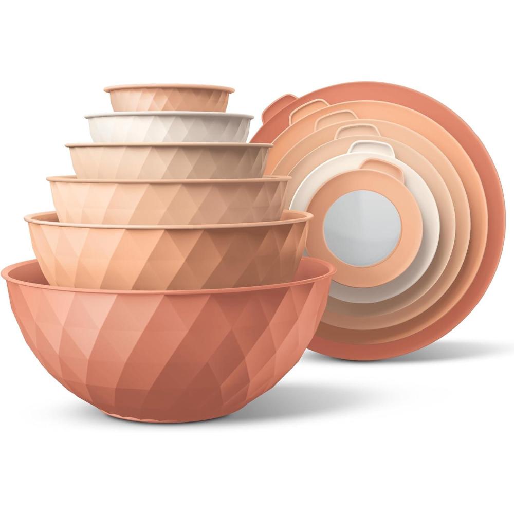 imageCOOK WITH COLOR Nesting Mixing Bowls  12 Piece Plastic Bowl Set with Lids Microwave Safe GreenOrange Diamond