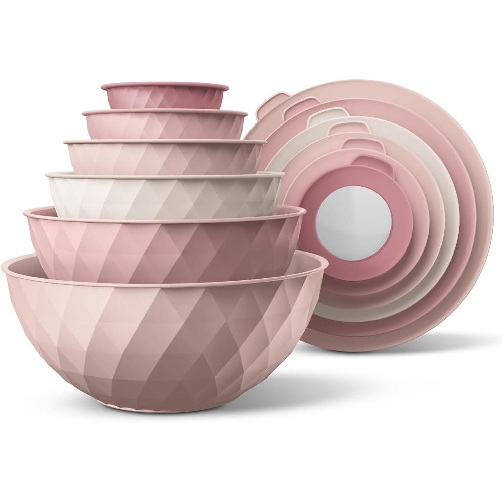 imageCOOK WITH COLOR Nesting Mixing Bowls  12 Piece Plastic Bowl Set with Lids Microwave Safe GreenPink Diamond