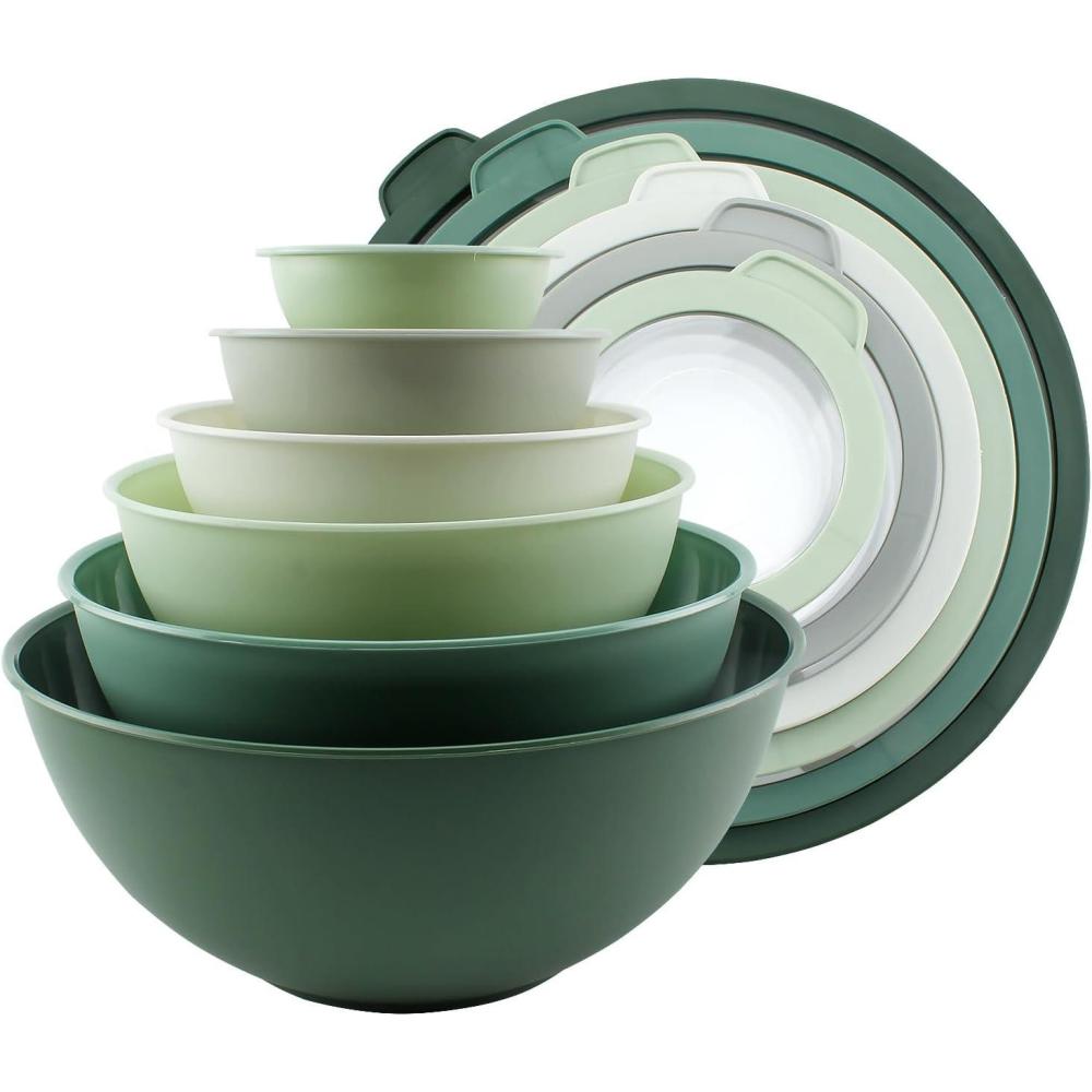imageCOOK WITH COLOR Nesting Mixing Bowls  12 Piece Plastic Bowl Set with Lids Microwave Safe GreenSage Tritan Lid