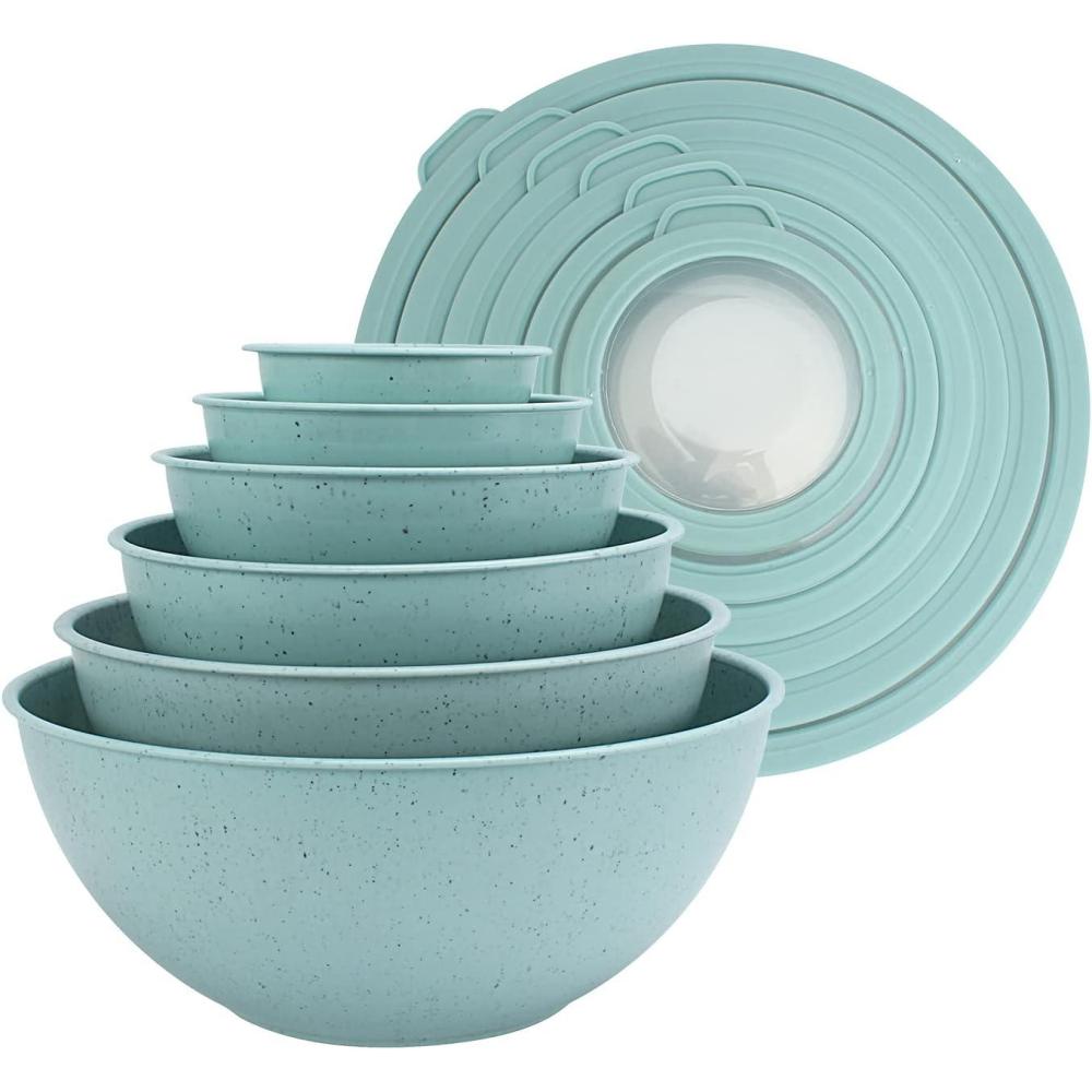imageCOOK WITH COLOR Nesting Mixing Bowls  12 Piece Plastic Bowl Set with Lids Microwave Safe GreenSpeckled Mint TPR Lids