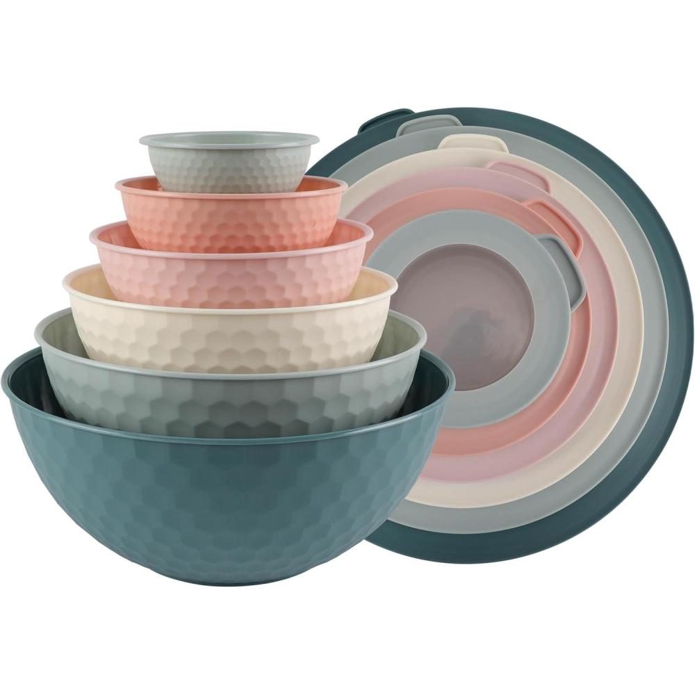imageCOOK WITH COLOR Nesting Mixing Bowls  12 Piece Plastic Bowl Set with Lids Microwave Safe GreenTeal Embossed