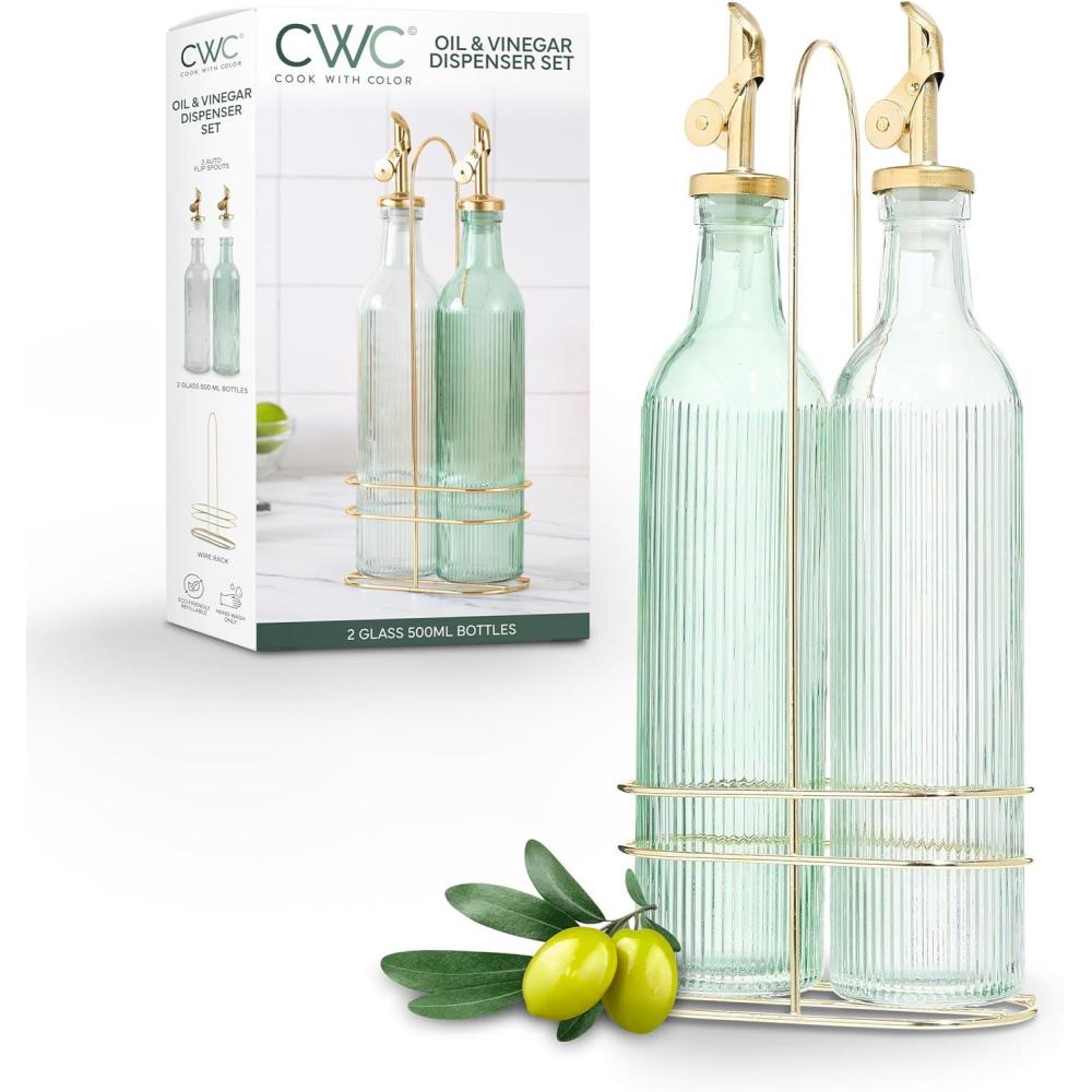 imageCOOK WITH COLOR Glass Olive Oil Bottle Dispenser  2 Pack 17oz Oil and Vinegar Cruet  Olive Oil Carafe Decanter for KitchenGreen