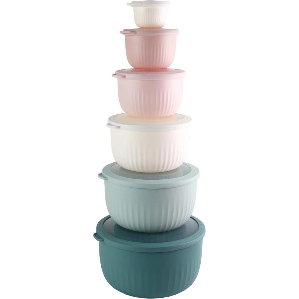 imageCOOK WITH COLOR Prep Bowls with Lids Wide and Deep Nesting Plastic Small Mixing Bowl Set with Lids 8 Piece Set  Wide Bowls Speckled WhiteTeal and Pink