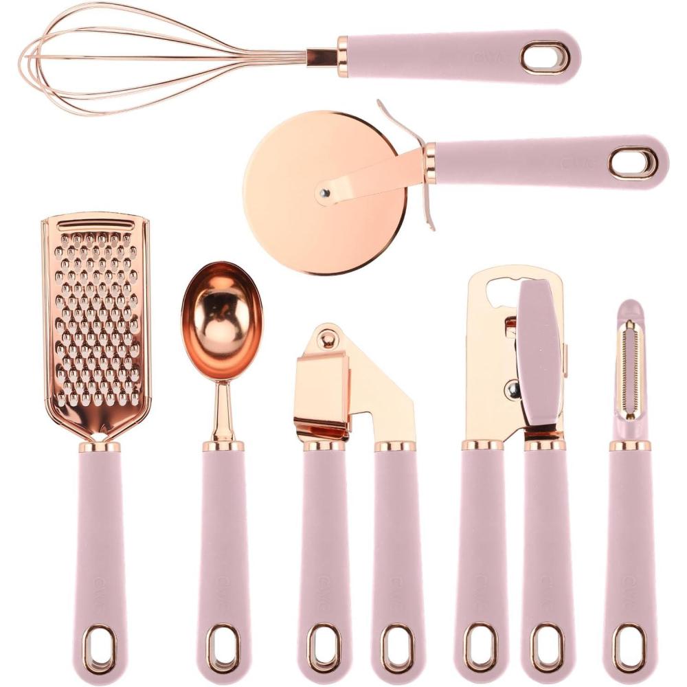 imageCOOK WITH COLOR Kitchen Gadget Set Copper Plated Stainless Steel Utensils with Soft Touch Handles Marble White 7 PiecesCopper Pink