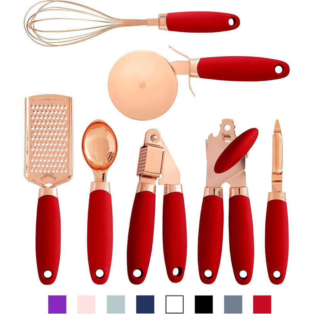 imageCOOK WITH COLOR Kitchen Gadget Set Copper Plated Stainless Steel Utensils with Soft Touch Handles Marble White 7 PiecesCopper Red