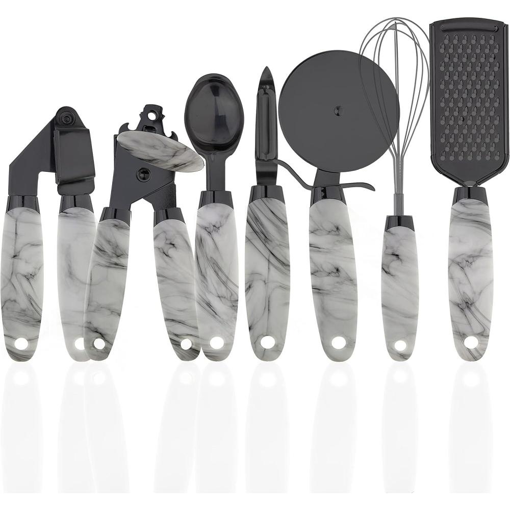 imageCOOK WITH COLOR Kitchen Gadget Set Copper Plated Stainless Steel Utensils with Soft Touch Handles Marble White 7 PiecesMarble White