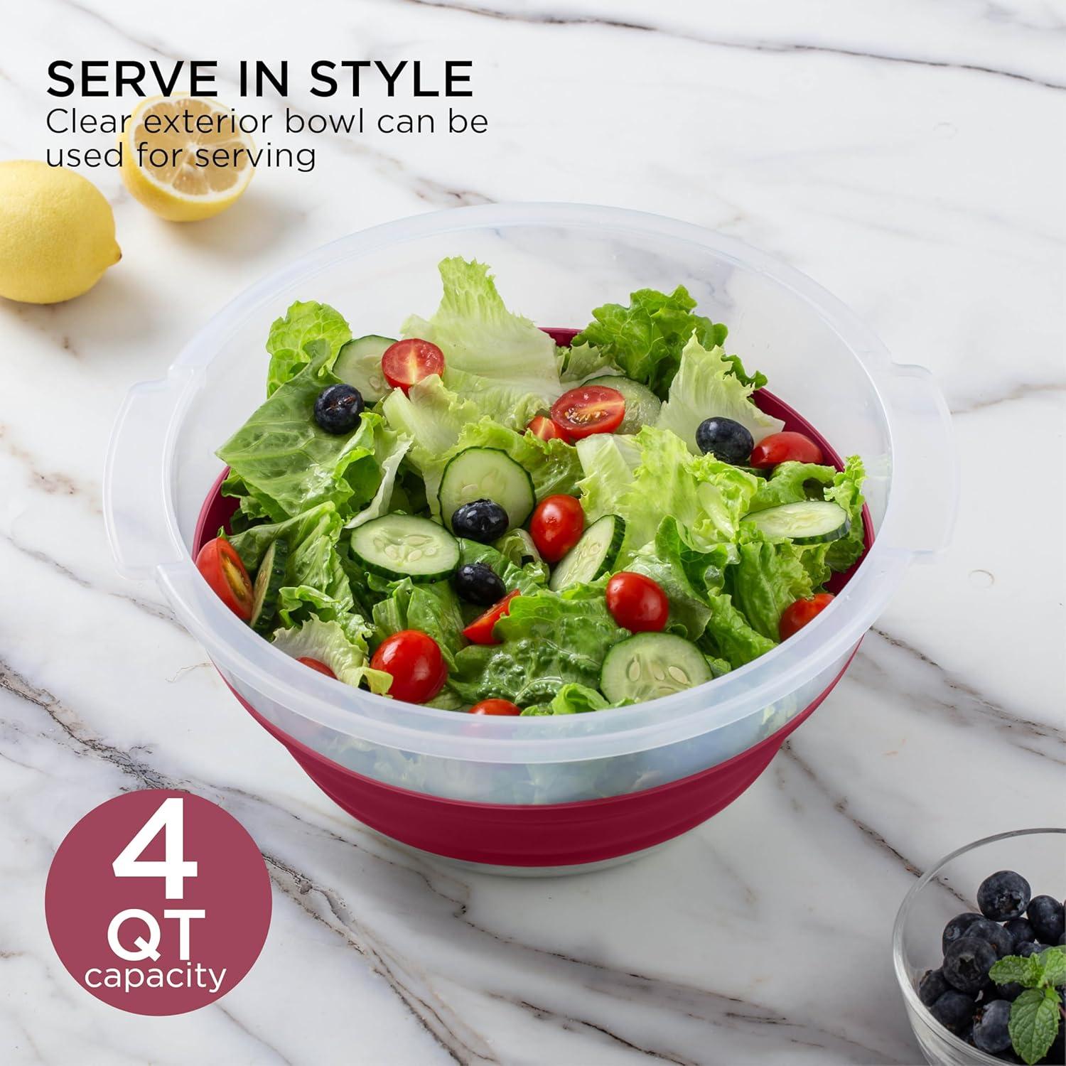 imageCOOK WITH COLOR Collapsible Salad Spinner 4 QT Space Saving Lettuce Dryer with Folding Collapsible Colander Great for Washing and Drying Fruit and Vegetables BlueRose