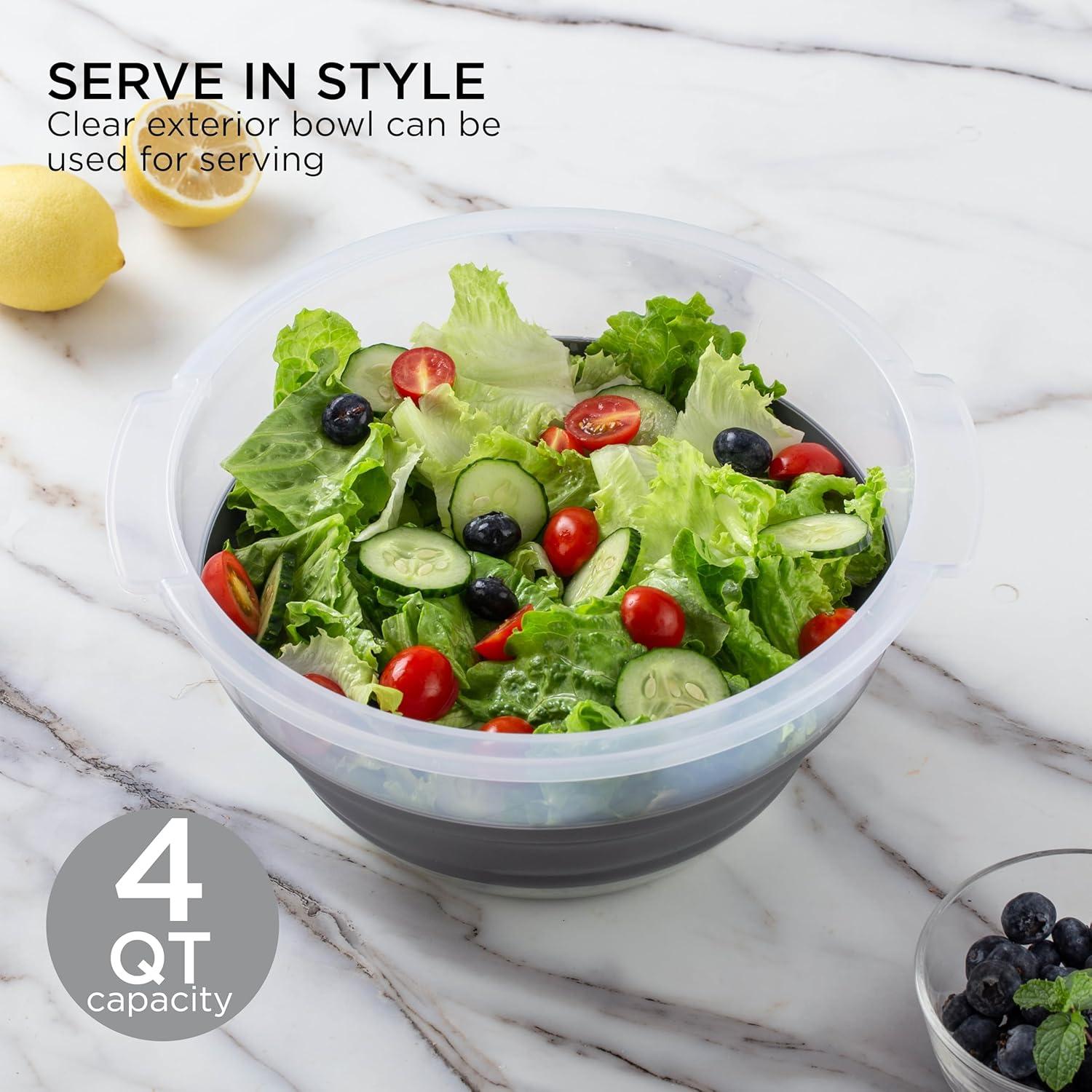 imageCOOK WITH COLOR Collapsible Salad Spinner 4 QT Space Saving Lettuce Dryer with Folding Collapsible Colander Great for Washing and Drying Fruit and Vegetables BlueGray