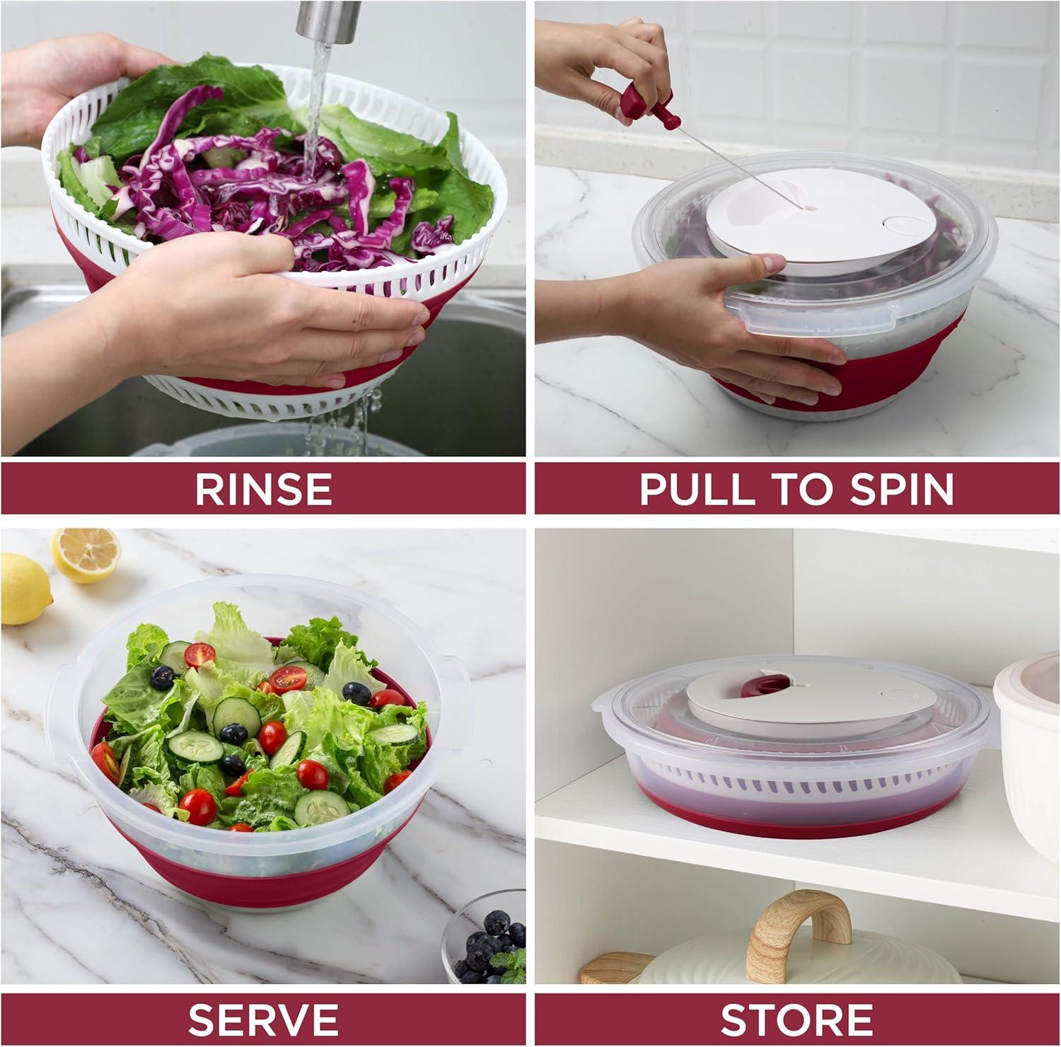 imageCOOK WITH COLOR Collapsible Salad Spinner 4 QT Space Saving Lettuce Dryer with Folding Collapsible Colander Great for Washing and Drying Fruit and Vegetables BlueRose