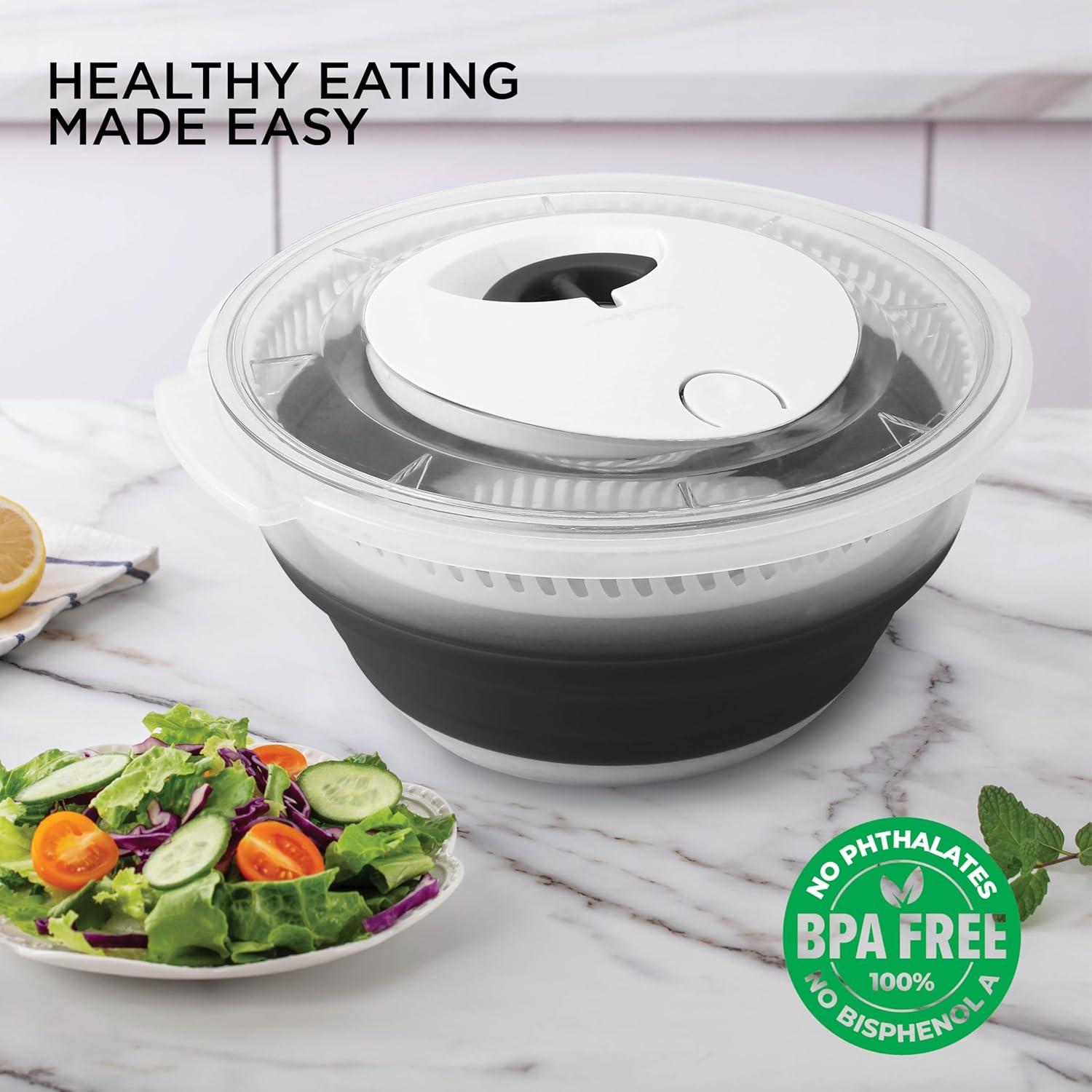 imageCOOK WITH COLOR Collapsible Salad Spinner 4 QT Space Saving Lettuce Dryer with Folding Collapsible Colander Great for Washing and Drying Fruit and Vegetables BlueBlack