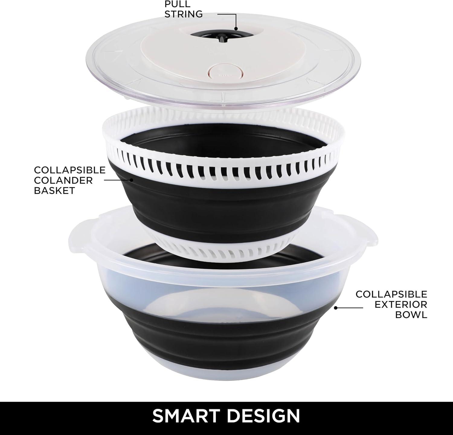 imageCOOK WITH COLOR Collapsible Salad Spinner 4 QT Space Saving Lettuce Dryer with Folding Collapsible Colander Great for Washing and Drying Fruit and Vegetables BlueBlack