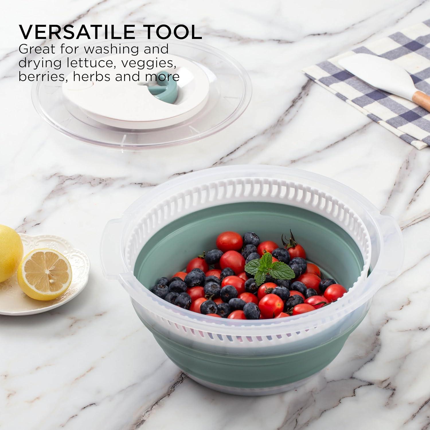 imageCOOK WITH COLOR Collapsible Salad Spinner 4 QT Space Saving Lettuce Dryer with Folding Collapsible Colander Great for Washing and Drying Fruit and Vegetables BlueSage