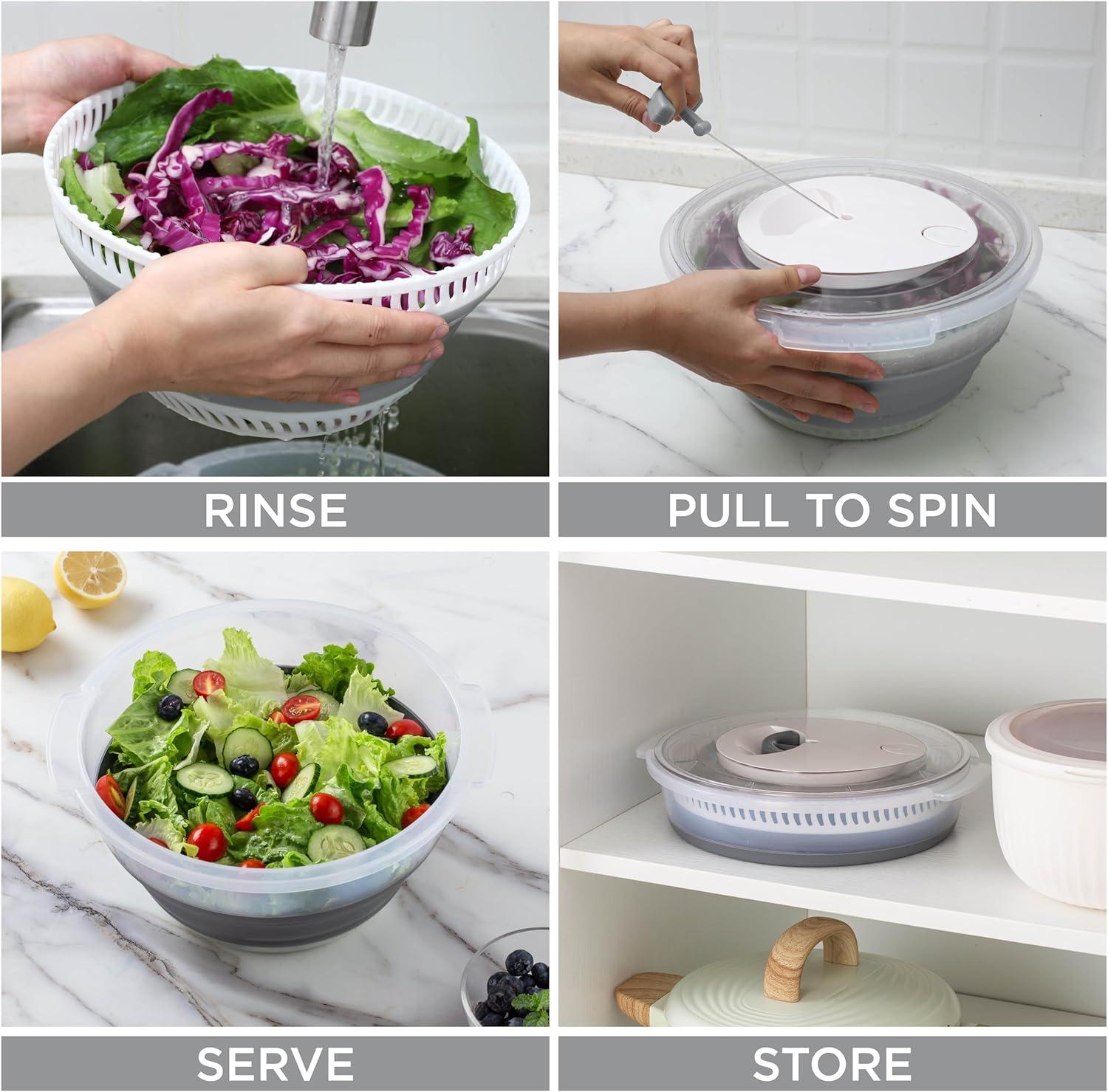imageCOOK WITH COLOR Collapsible Salad Spinner 4 QT Space Saving Lettuce Dryer with Folding Collapsible Colander Great for Washing and Drying Fruit and Vegetables BlueGray