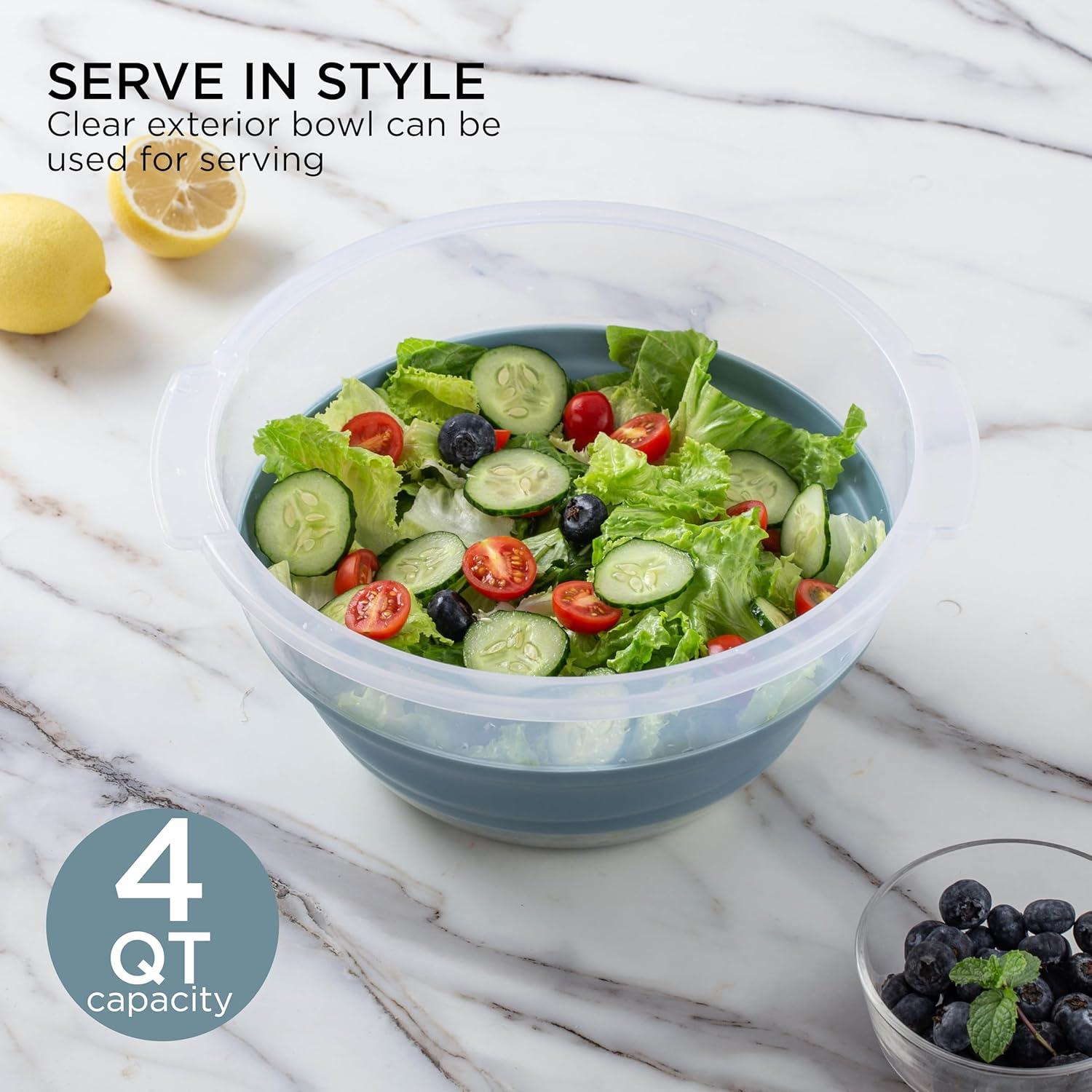 imageCOOK WITH COLOR Collapsible Salad Spinner 4 QT Space Saving Lettuce Dryer with Folding Collapsible Colander Great for Washing and Drying Fruit and Vegetables BlueBlue