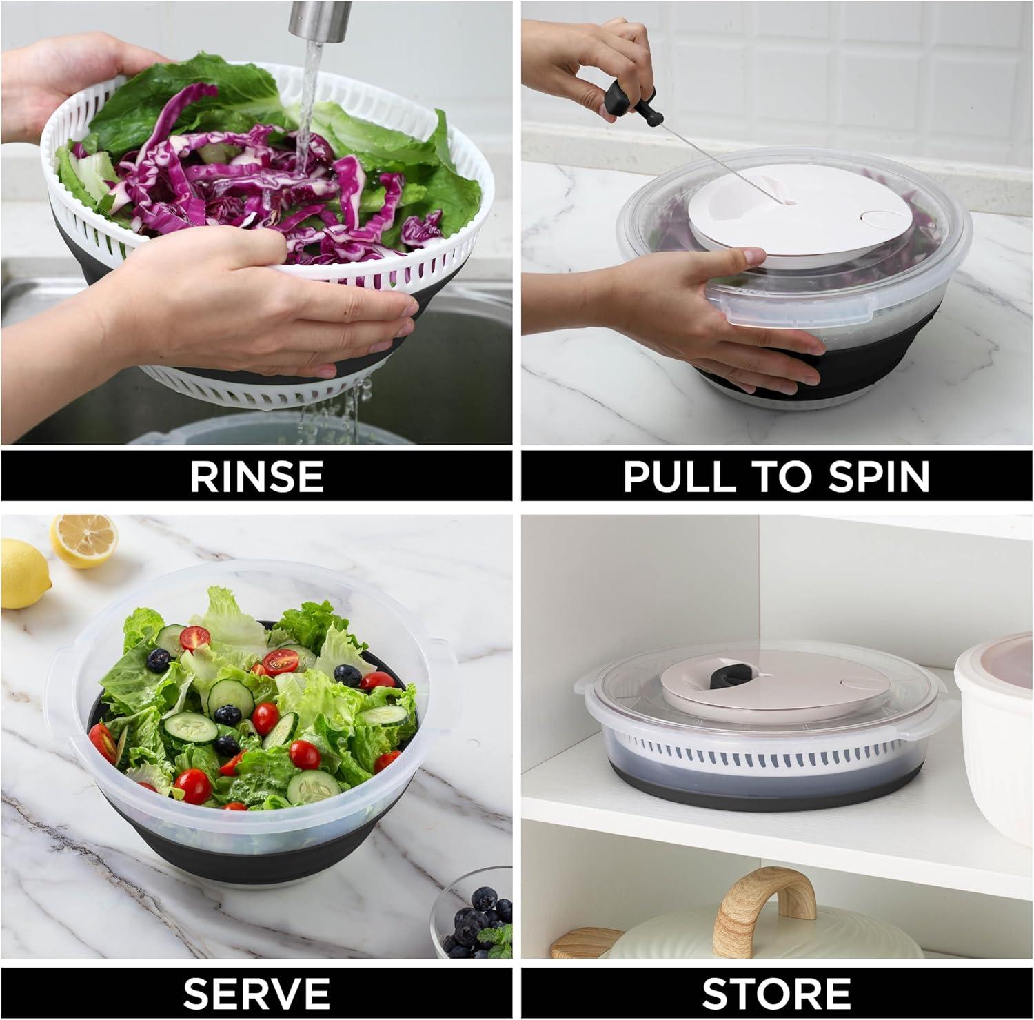 imageCOOK WITH COLOR Collapsible Salad Spinner 4 QT Space Saving Lettuce Dryer with Folding Collapsible Colander Great for Washing and Drying Fruit and Vegetables BlueBlack