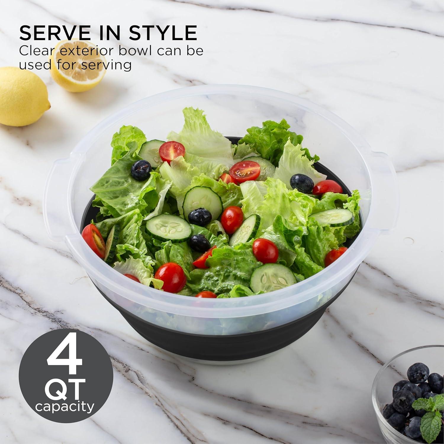 imageCOOK WITH COLOR Collapsible Salad Spinner 4 QT Space Saving Lettuce Dryer with Folding Collapsible Colander Great for Washing and Drying Fruit and Vegetables BlueBlack