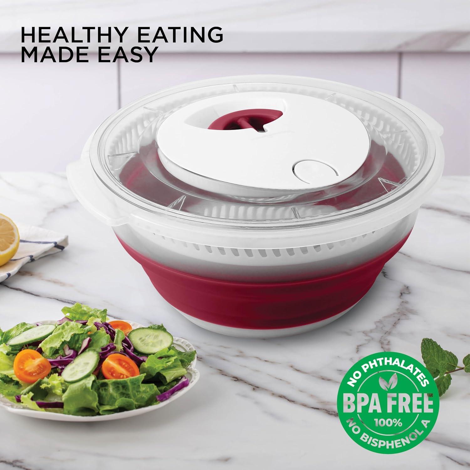 imageCOOK WITH COLOR Collapsible Salad Spinner 4 QT Space Saving Lettuce Dryer with Folding Collapsible Colander Great for Washing and Drying Fruit and Vegetables BlueRose