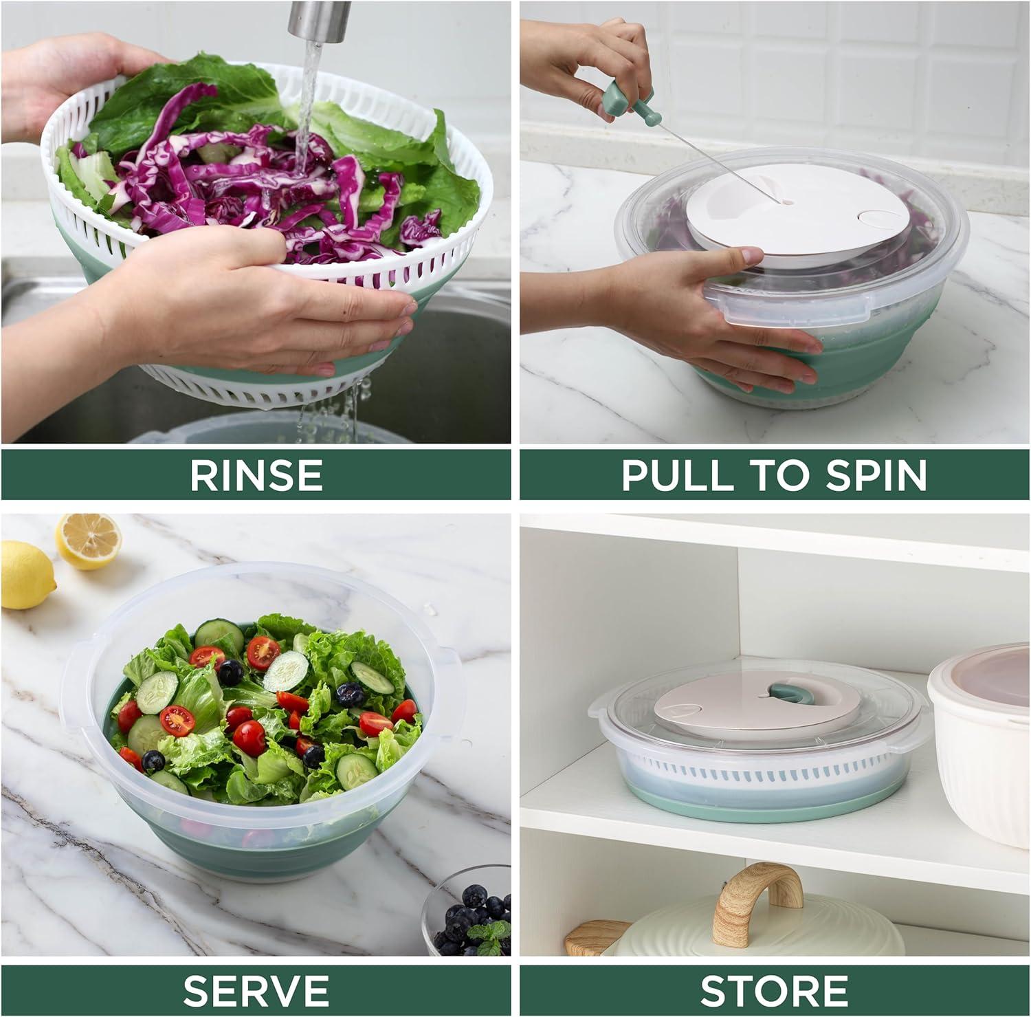 imageCOOK WITH COLOR Collapsible Salad Spinner 4 QT Space Saving Lettuce Dryer with Folding Collapsible Colander Great for Washing and Drying Fruit and Vegetables BlueSage