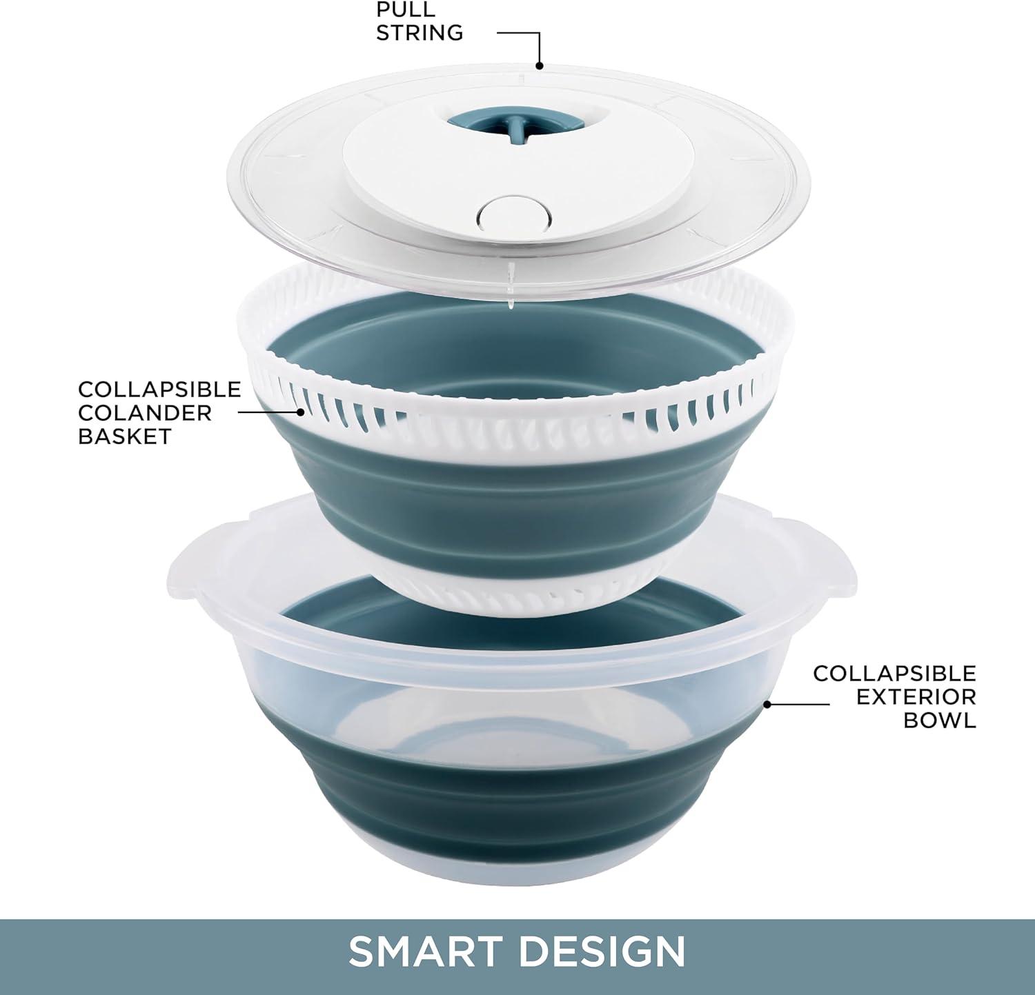 imageCOOK WITH COLOR Collapsible Salad Spinner 4 QT Space Saving Lettuce Dryer with Folding Collapsible Colander Great for Washing and Drying Fruit and Vegetables BlueBlue