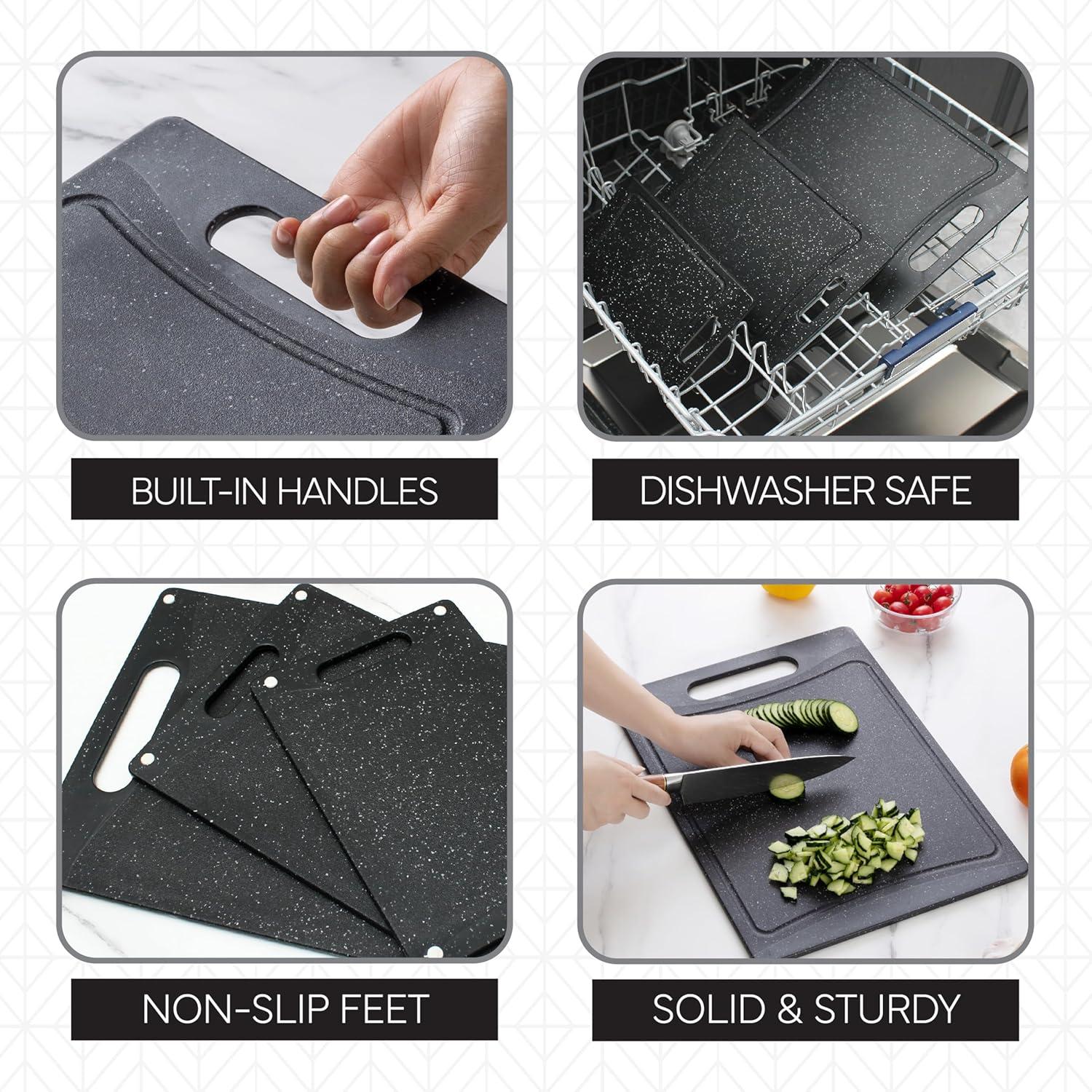 imageCOOK WITH COLOR NonSlip Cutting Board Set Kitchen Essentials with Easy Grip Handle for Meat Veggies and Fruits 4 Cutting Boards WhiteSpeckled Black