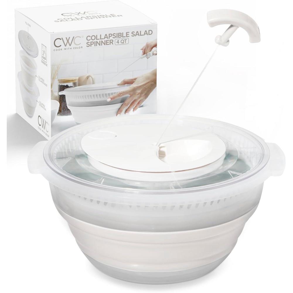 imageCOOK WITH COLOR Collapsible Salad Spinner  4 QT Space Saving Lettuce Dryer with Folding Collapsible Colander Great for Washing and Drying Fruit and Vegetables BlueWhite