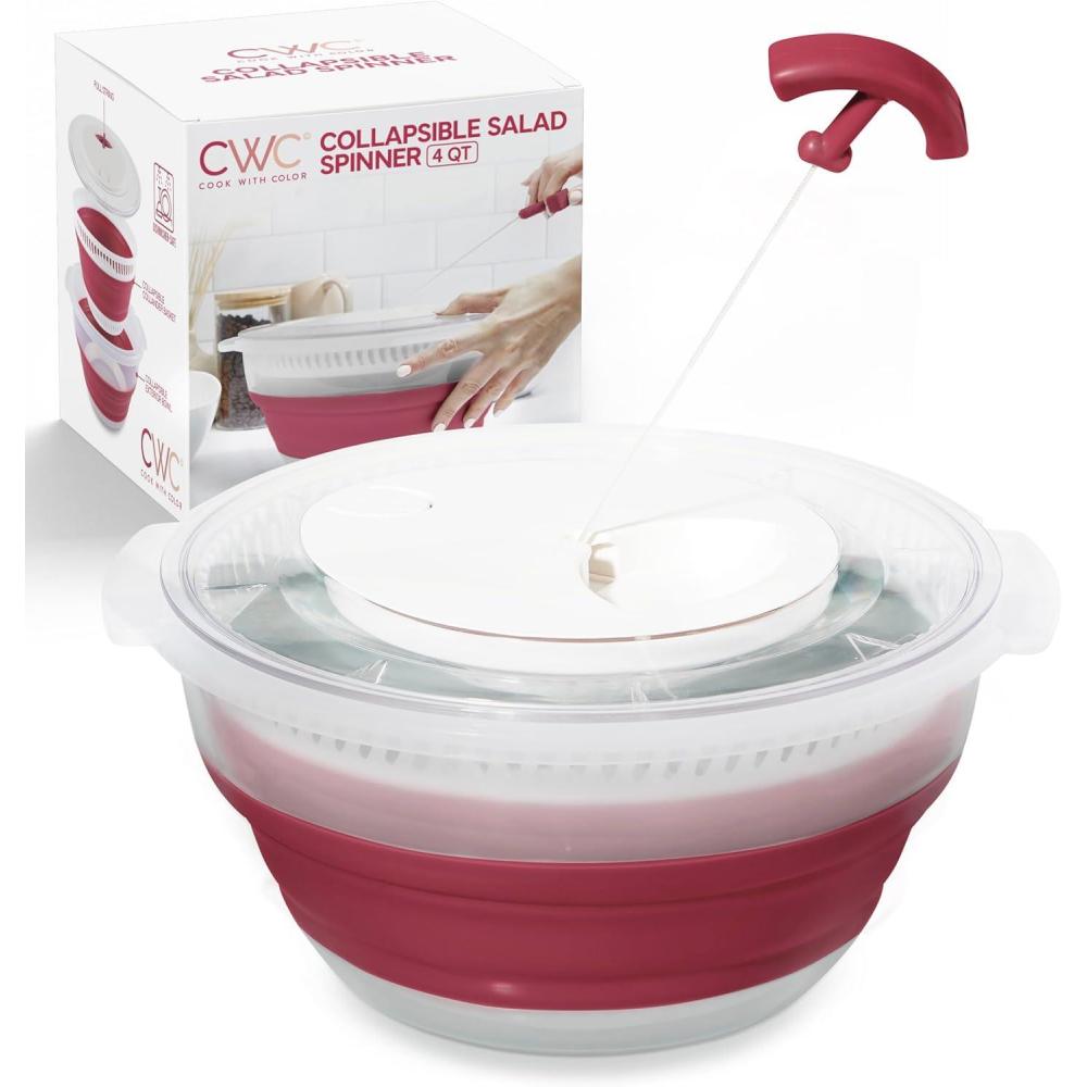 imageCOOK WITH COLOR Collapsible Salad Spinner 4 QT Space Saving Lettuce Dryer with Folding Collapsible Colander Great for Washing and Drying Fruit and Vegetables BlueRose