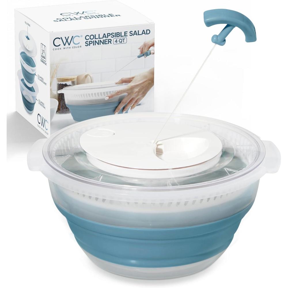 imageCOOK WITH COLOR Collapsible Salad Spinner 4 QT Space Saving Lettuce Dryer with Folding Collapsible Colander Great for Washing and Drying Fruit and Vegetables BlueBlue