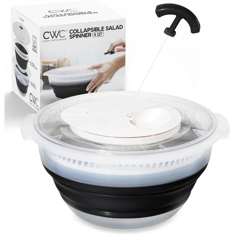 imageCOOK WITH COLOR Collapsible Salad Spinner 4 QT Space Saving Lettuce Dryer with Folding Collapsible Colander Great for Washing and Drying Fruit and Vegetables BlueBlack