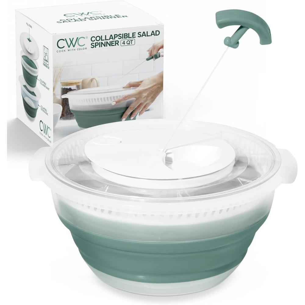imageCOOK WITH COLOR Collapsible Salad Spinner  4 QT Space Saving Lettuce Dryer with Folding Collapsible Colander Great for Washing and Drying Fruit and Vegetables BlueSage