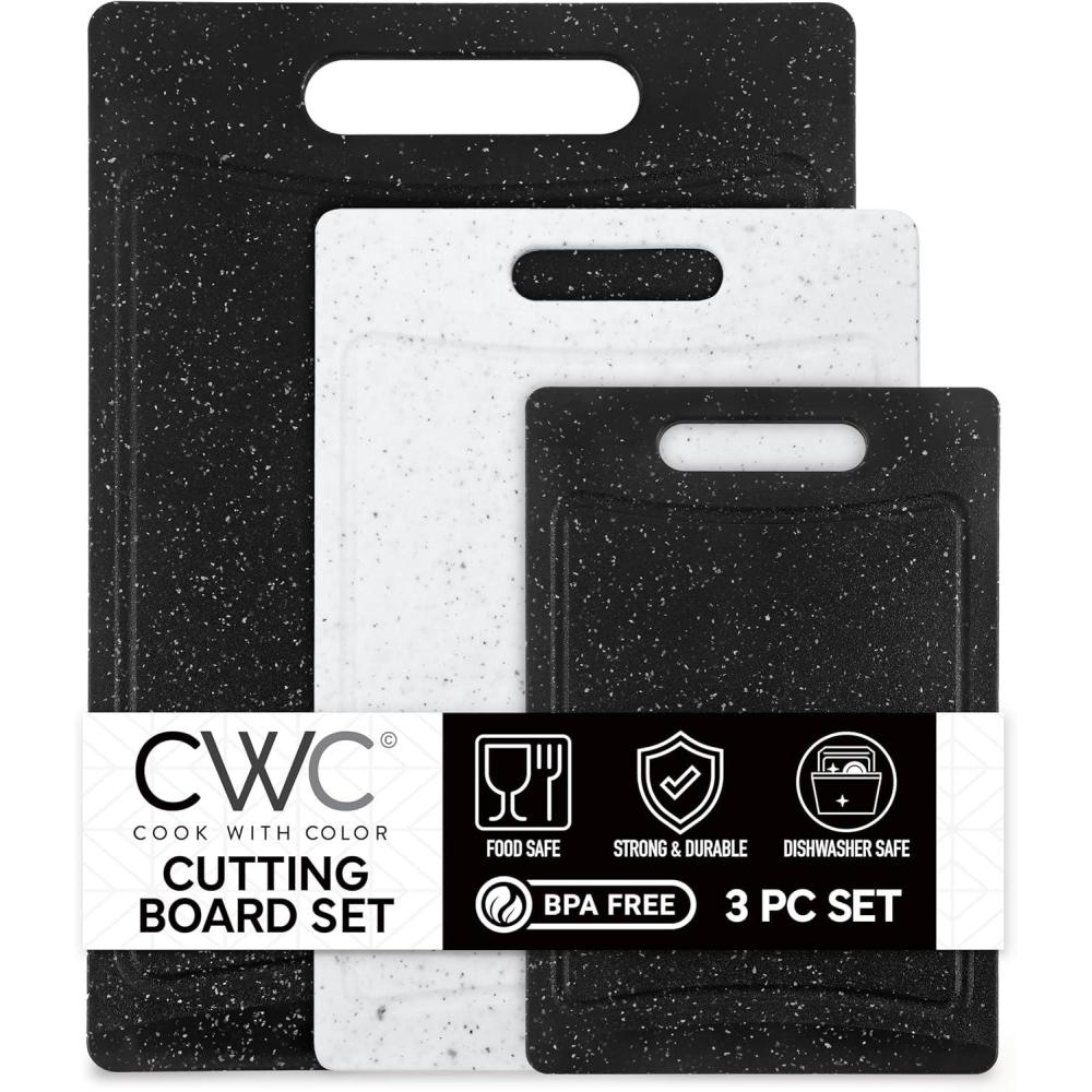 imageCOOK WITH COLOR NonSlip Cutting Board Set  Kitchen Essentials with Easy Grip Handle for Meat Veggies and Fruits 4 Cutting Boards WhiteBlackWhite