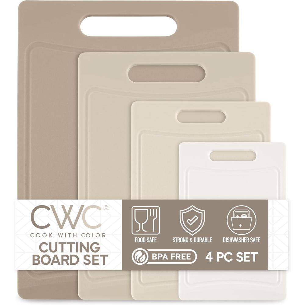 imageCOOK WITH COLOR NonSlip Cutting Board Set  Kitchen Essentials with Easy Grip Handle for Meat Veggies and Fruits 4 Cutting Boards WhiteBrown