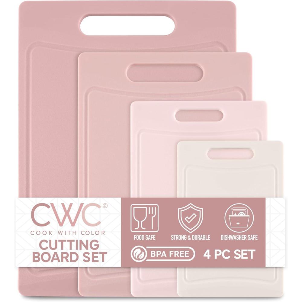 imageCOOK WITH COLOR NonSlip Cutting Board Set  Kitchen Essentials with Easy Grip Handle for Meat Veggies and Fruits 4 Cutting Boards WhitePink