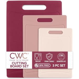 COOK WITH COLOR Non-Slip Cutting Board Set – Kitchen Essentials with Easy Grip Handle for Meat, Veggies, and Fruits, 4 Cutting Boards, White(Rose)