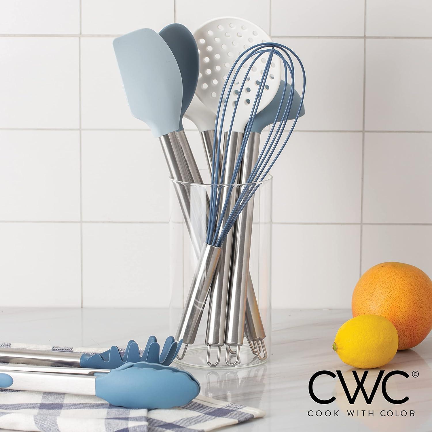 imageCOOK WITH COLOR Silicone Cooking Utensils Kitchen Utensil Set Easy to Clean Silicone Kitchen Utensils Cooking Utensils for Nonstick Cookware Kitchen Gadgets Set 5 Pieces Blue OmbreBlue and White